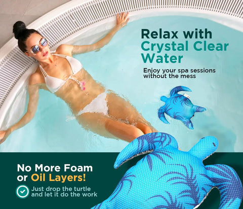 Hot Tub Scum Absorber Turtle 2 Pack Floating Spa Sponge scoop in a hot tub with a person relaxing.
