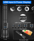 Diagram of Ultra Bright 10000 Lumen USB Rechargeable Flashlight With XHP50.2 LED Zoomable Beam Magnetic Tail Cap showing USB input and power display.