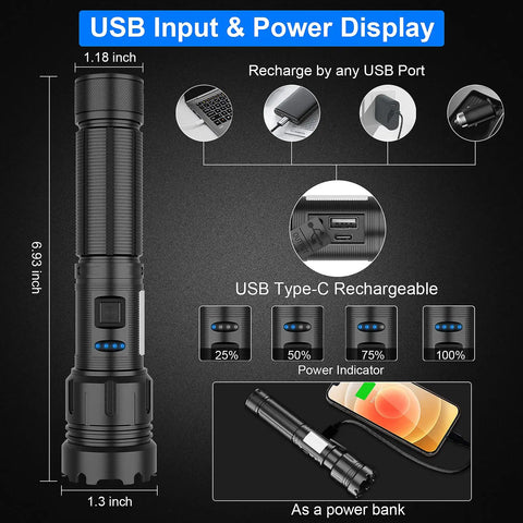 Diagram of Ultra Bright 10000 Lumen USB Rechargeable Flashlight With XHP50.2 LED Zoomable Beam Magnetic Tail Cap showing USB input and power display.
