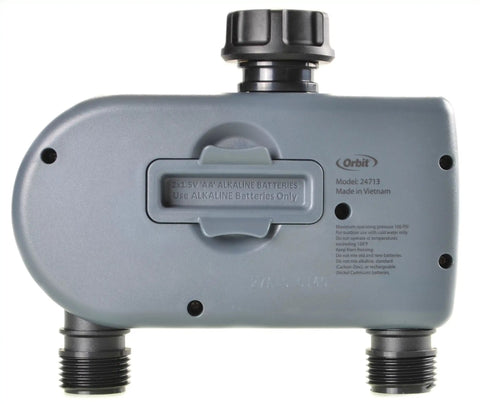 Back view of Refurbished Digital Hose Sprinkler Timer With Two Valves For Vacation Watering Of Lawn Garden And Plants Easy Setup Programmable