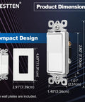 20 Pack Single Pole Decorator Light Switches With Screwless Wall Plates UL Listed 15A 120 To 277V Easy Install Quick Push In Or Side Wiring Gloss Finish Wall Plates Included For 12 AWG Terminal Screws And 14 AWG Solid, compact design dimensions