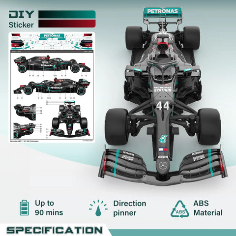 Top view of Mercedes-Benz F1 W11 One Eighteen Scale Remote Control Car Fully Licensed Must-Have RC Racer, showing ABS material.