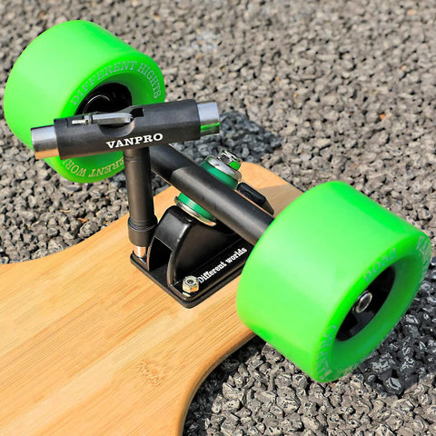 Close-up of skateboard with green wheels and All In One Skate Tool For Quick Repairs On Skateboards Longboards Penny Boards And Roller Skates Snow Black Finish Perfect For Installation And Maintenance Of Trucks Bearings And Hardware