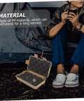 Portable Multi Function Survival Storage Box Shockproof Outdoor Tool Case open on ground with adventurer near a tent
