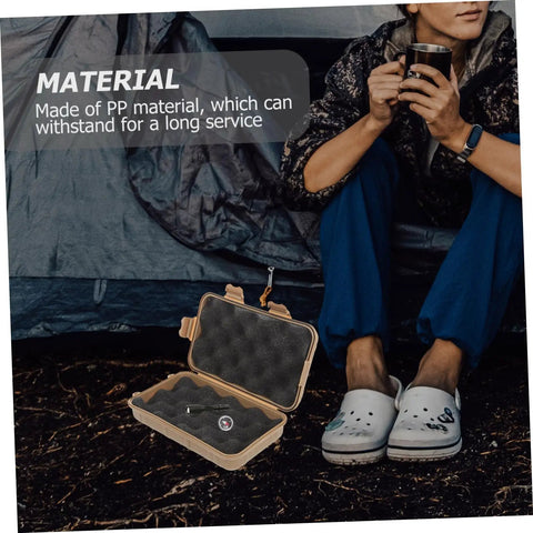 Portable Multi Function Survival Storage Box Shockproof Outdoor Tool Case open on ground with adventurer near a tent