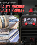 Hot Shot 140A Multi Process Welder For Pros: 110V 220V Gasless Flux Mig Lift Tig Stick Fusion Maker showing welding results and control display.