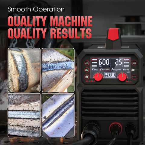 Hot Shot 140A Multi Process Welder For Pros: 110V 220V Gasless Flux Mig Lift Tig Stick Fusion Maker showing welding results and control display.