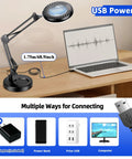 12X Magnifying Glass With Light And Stand, 144 LED Desk Magnifier Lamp on desk connected to laptop via USB cable