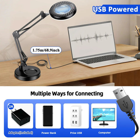 12X Magnifying Glass With Light And Stand, 144 LED Desk Magnifier Lamp on desk connected to laptop via USB cable
