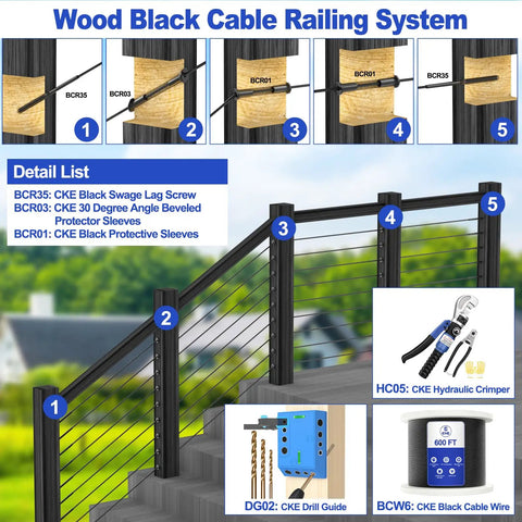 Diagram of wood black cable railing system with components, using heavy duty 1/8 inch black stainless steel cable wire for deck.