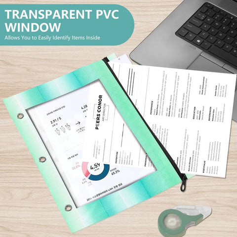 Green Turquoise Striped Zippered Coupon Binder Organizer with documents, clips into a 3-ring binder for fast savings