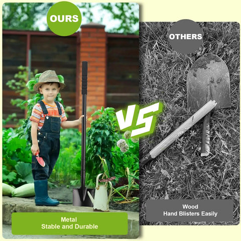 Child beside Long Handled Metal Shovel Workhorse For Digging And Gardening 43.3 Inch Heavy Duty Spade next to worn wooden spade.