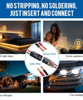 2 Pin Quick Disconnect Plug In Connector For Low Voltage 18-22 AWG Wire With Locking Buckle shown with LED light strips, home appliances, car DIY lights, car headlights.