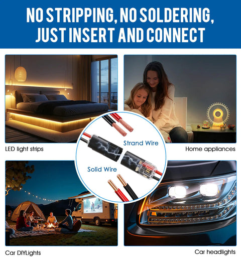 2 Pin Quick Disconnect Plug In Connector For Low Voltage 18-22 AWG Wire With Locking Buckle shown with LED light strips, home appliances, car DIY lights, car headlights.