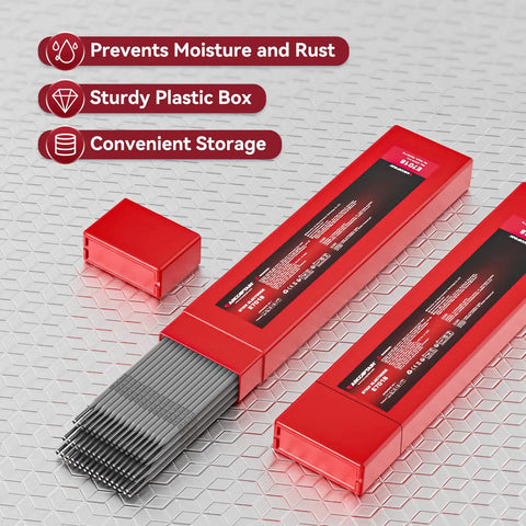 Low Hydrogen E7018 3/32 Inch Welding Rods 5 Pound Pack for carbon steel arc welding, shown in sturdy red plastic box with open lid