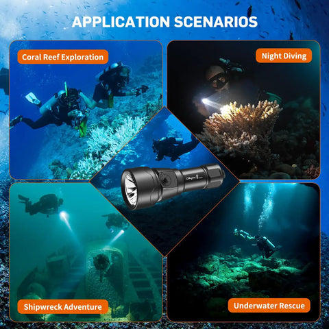 Diver using Beast Bright 2500 Lumen Dive Light With 4 Modes Scuba Diving Torch for Underwater Exploration in night dive.