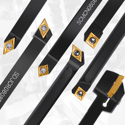 Lathe tool holder set, 21 pcs, black metal bars with gold carbide inserts for threading and boring.