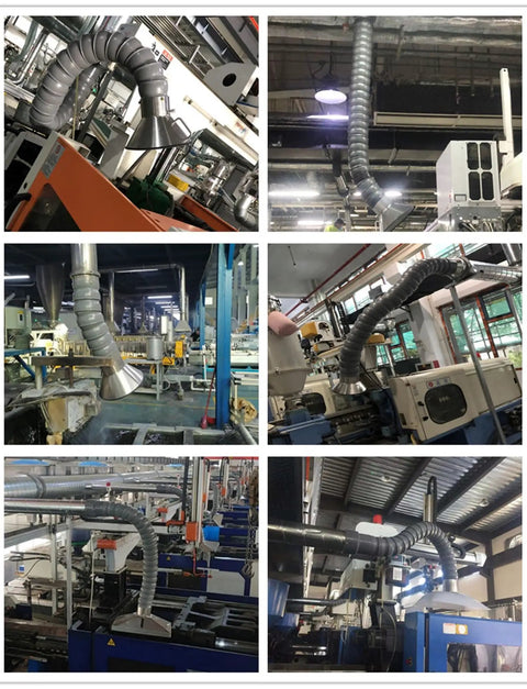 Heavy Duty Flexible Fume Extraction Hose For Welding Smoke And Industrial Dust Removal Solder Vent Tube positioned in various manufacturing setups.
