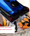 Beast 14 Inch RC Boat For Lakes And Pools with Dual 1100mAh Batteries, showing motor and rudders, speeds up to 25 kph