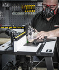 Heavy Duty Portable Benchtop Router Table Featuring A Rock Solid Steel Frame 24 By 16 Inch Laminated Work Surface, user routing wood