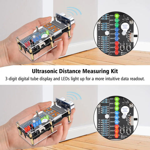 Hands-On Ultrasonic Distance Sensor DIY Kit With LED Indicators And Ranging Alarm HC-SR04 Compatible in use demonstration