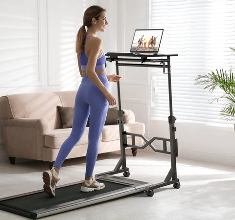 Person using Standing Desk On Wheels For Treadmills With Adjustable Height 29.5 To 45.3 Inches Portable Treadmill Desk in living room