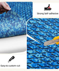 Camo EVA Boat Flooring Self Adhesive Non Slip Decking Mat being custom-cut, showing blue camouflage pattern and strong self-adhesive backing.