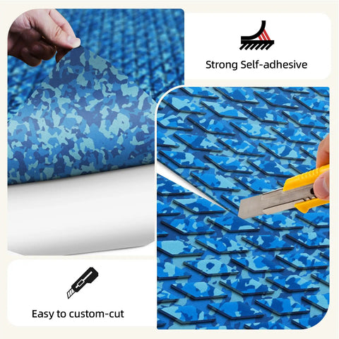 Camo EVA Boat Flooring Self Adhesive Non Slip Decking Mat being custom-cut, showing blue camouflage pattern and strong self-adhesive backing.