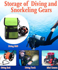 All In One Dive Gear Bag With Mesh Storage Pocket for SMB Reel and Dive Gloves, shown with diving accessories underwater.