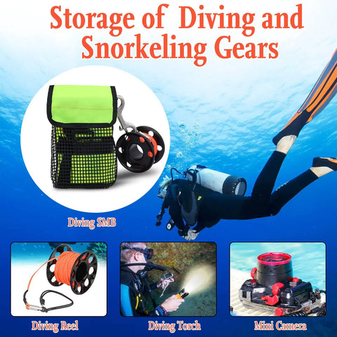 All In One Dive Gear Bag With Mesh Storage Pocket for SMB Reel and Dive Gloves, shown with diving accessories underwater.
