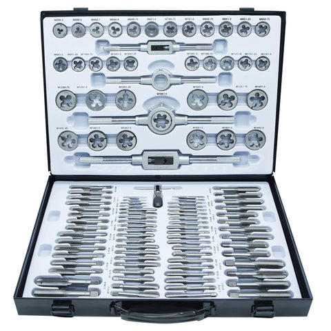 Pro Grade 110 Piece Tap And Die Set For Metric Threads M2 To M18 With Adjustable Handles Storage Case shown open