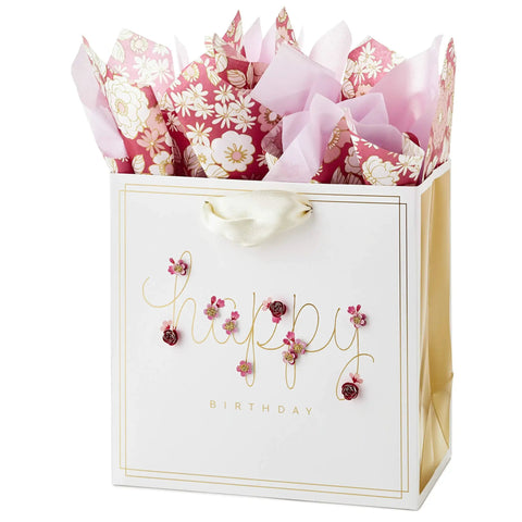 Medium Pink Floral Birthday Gift Bag With Tissue Paper Gold Foil Border Happy Birthday Lettering Laser Cut Flower Accents