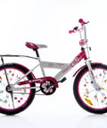 Pink and white kids bike with Totally Adorable Kids Bike Spoke Decorations Set With 36 Colorful Charms Featuring Dino, Flower And Butterfly Themes.