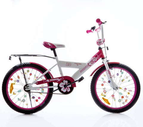 Pink and white kids bike with Totally Adorable Kids Bike Spoke Decorations Set With 36 Colorful Charms Featuring Dino, Flower And Butterfly Themes.