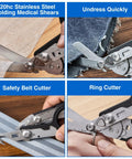 Prepper Grade Foldable 6 In 1 Trauma Shears stainless steel cutting fabric, denim, belt, and ring, highlighting versatility.