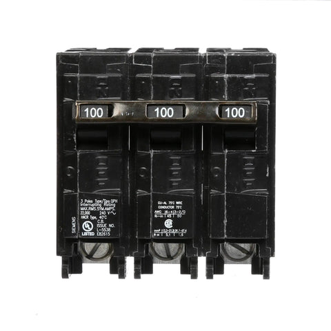 Front view of 100 Amp Three Pole 240 Volt Type QPH Circuit Breaker With 22kA Interrupting Rating Plug In For Siemens PL And ES Load Centers