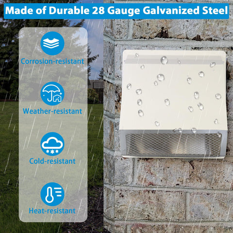 10 Inch Hooded Wall Vent With Screen And Damper For Outdoor Exhaust, mounted on stone wall showing weather resistance features.