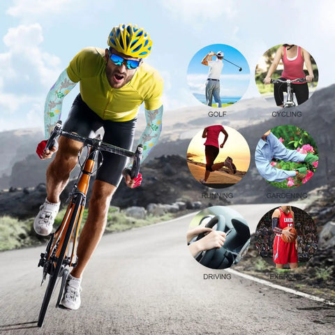 Dope Dinosaur Print UV Arm Sleeves With Anti Slip Ice Silk Cooling Covers on cyclist for sun protection during active outdoor sports.