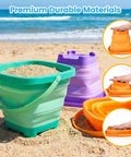 Three Pack Collapsible Beach Buckets For Kids And Toddlers, Foldable Sand Toys in Purple Blue Yellow on beach, with sand and waves
