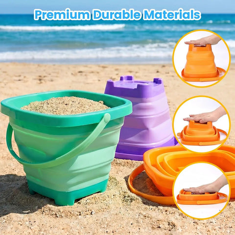 Three Pack Collapsible Beach Buckets For Kids And Toddlers, Foldable Sand Toys in Purple Blue Yellow on beach, with sand and waves