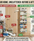 Premium Six Tier Over The Door Shoe Organizer In Durable Soft Ivory Fabric For Closets And Entryways featured in before and after decluttering image.
