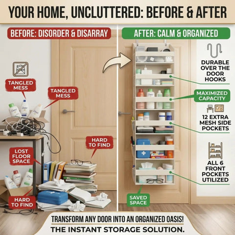Premium Six Tier Over The Door Shoe Organizer In Durable Soft Ivory Fabric For Closets And Entryways featured in before and after decluttering image.