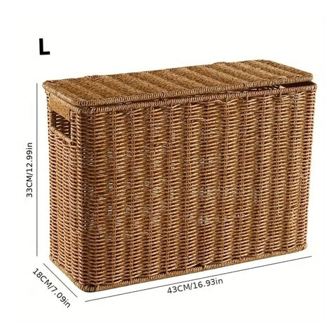 Tall Narrow Rattan Storage Bin With Lid Slick Vertical Woven Organizer For Living Room Cabinet Shelf And Pantry, L size
