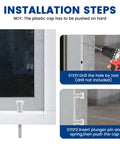 Installation steps for 12 Pack Window Screen Plunger Latch Set with aluminum pins, showing drilling and pin insertion.