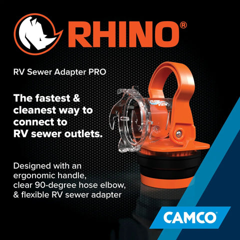 Rhino RV Sewer Adapter PRO Clear Sewer Hose Elbow With Drain Lock Ergonomic Handle and Flexible Adapter