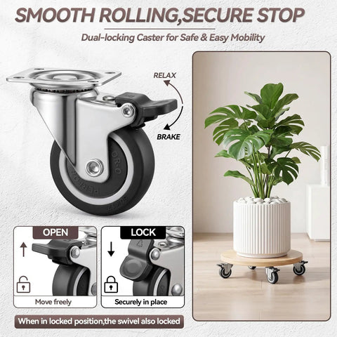 Heavy Duty One Inch Low Profile Caster Wheels With Brakes Quiet As A Mouse Soft Rubber Swivel Casters For Furniture And Rolling Carts on plant cart
