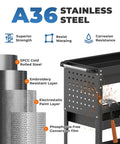 A36 stainless steel construction for Rolling Tool Cart With Drawers And Pegboard, black steel cart frame and pegboard panel.