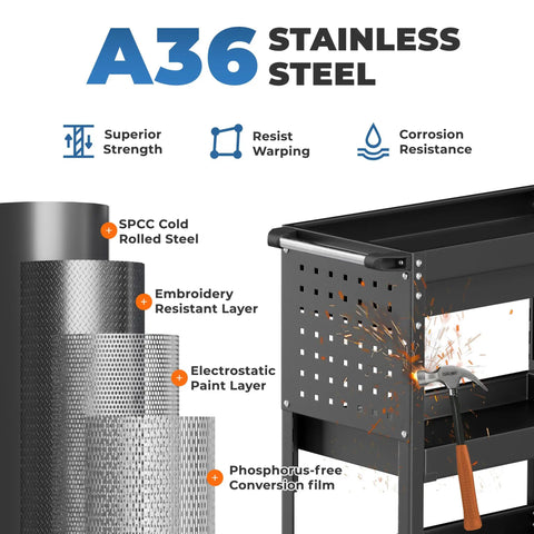 A36 stainless steel construction for Rolling Tool Cart With Drawers And Pegboard, black steel cart frame and pegboard panel.