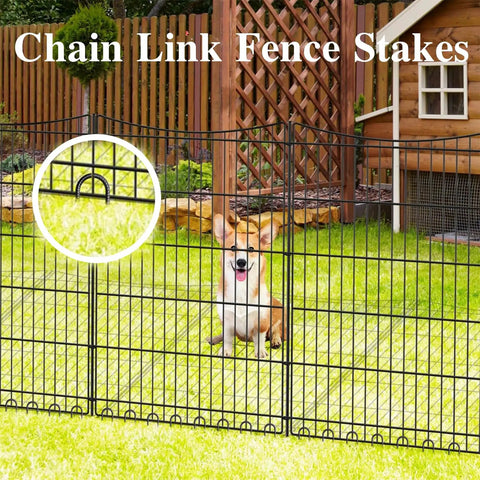 Chain link fence with small dog in yard, emphasizing security provided by 12 Inch Rebar Stakes 20 Pack J Hook Ground Stakes Pro Grade Heavy Duty Galvanized Anchors For Wire Fencing Concrete Forming Trampolines Camping Canopies Sheds Swing And Other Outdoor Projects