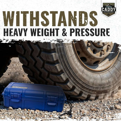 Tough As Nails Outdoor Case With Airtight Gasket Seal and Heavy Duty Latches to Block Rain Mud and Dust Secure Travel Friendly Hard Shell under heavy tire on gravel.